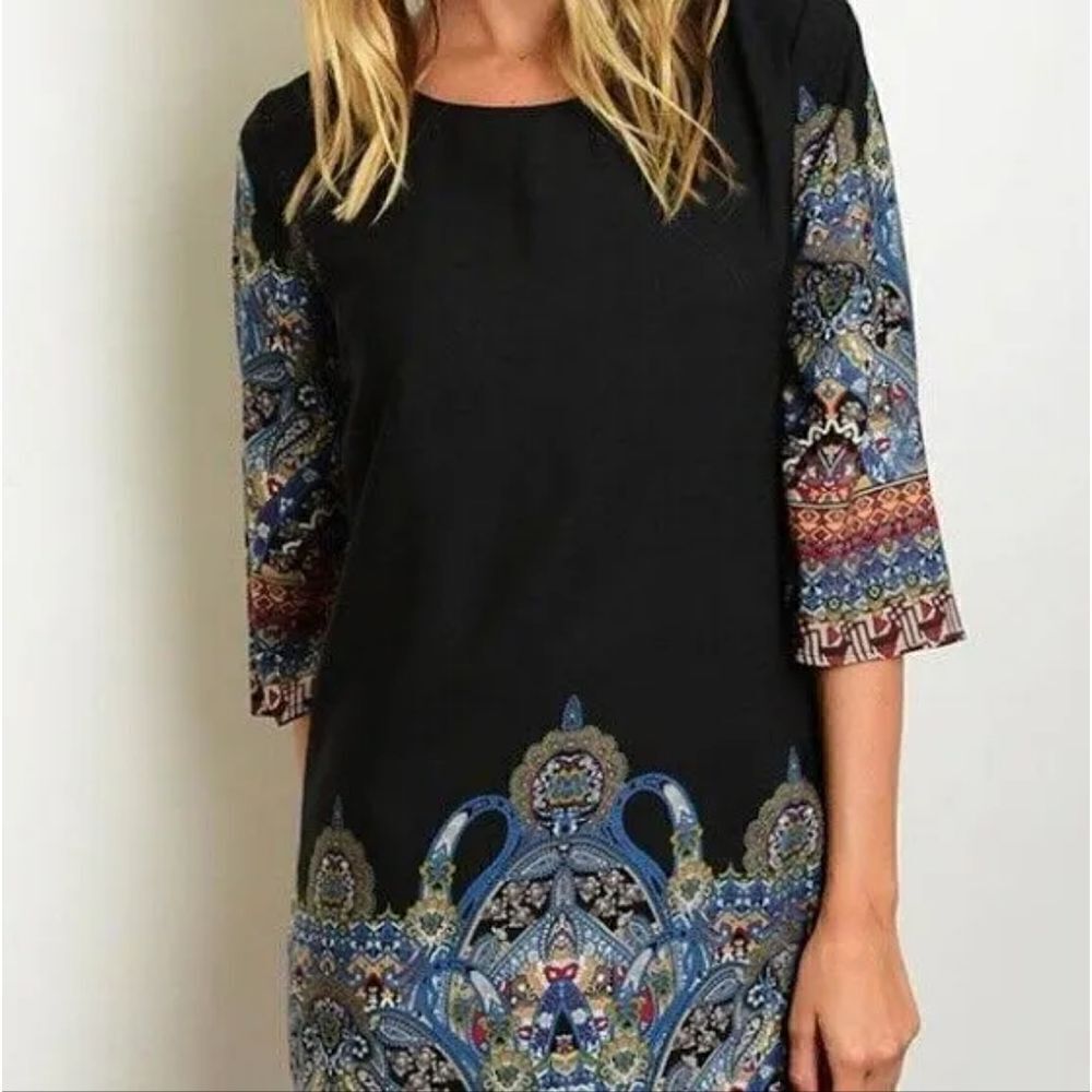 Gibiu Black Bohemian Shift Dress with Colorful Print, Size Medium